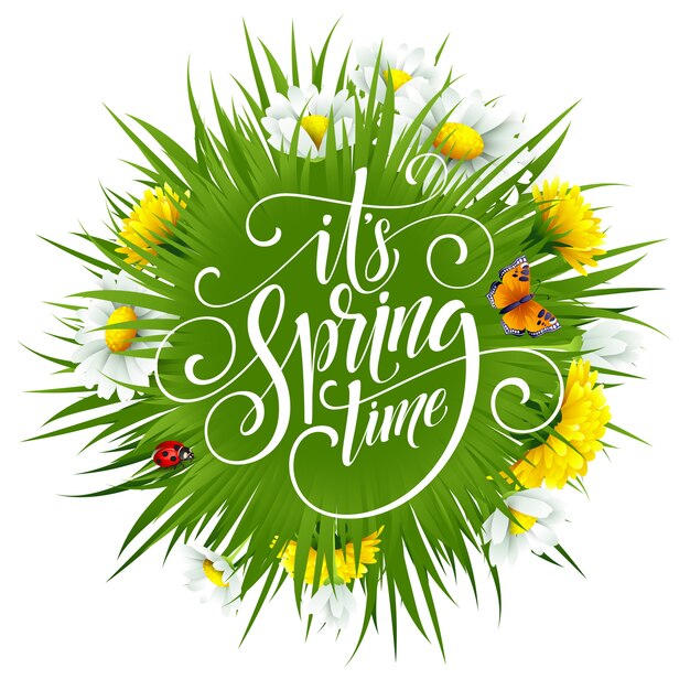 Vector spring hand lettering on with flowers.