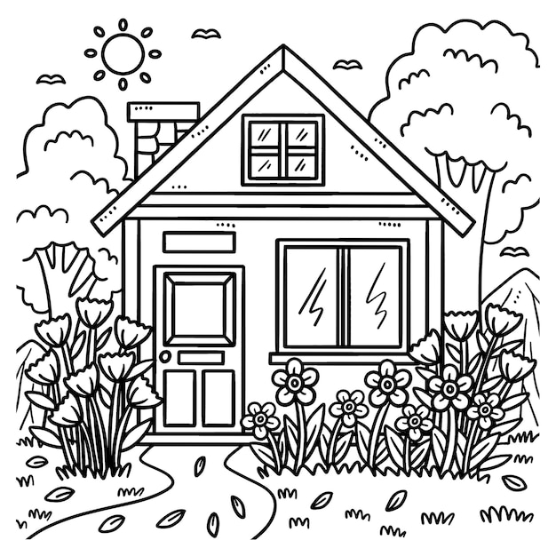 Spring House With Garden Coloring Page for Kids