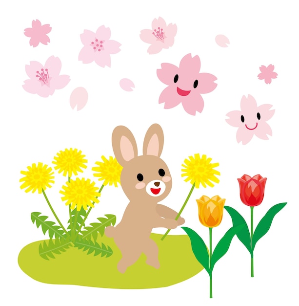 Spring illustration of the rabbit, cherry blossoms, tulips and dandelions.