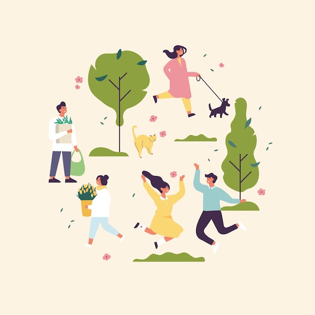 Spring illustration with people enjoying and relaxing their time outdoors in park