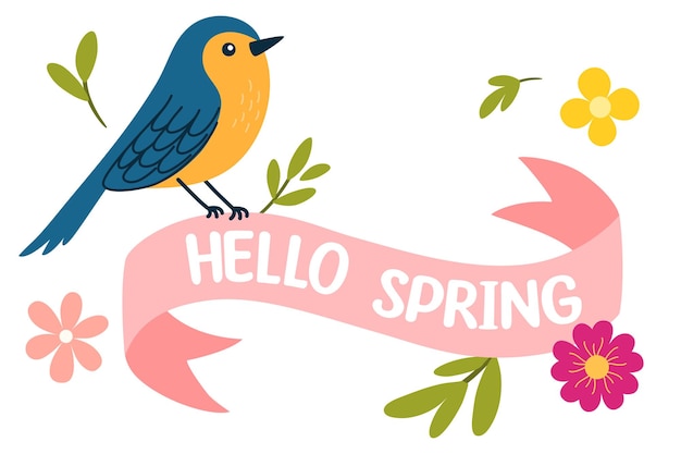 Spring label with season quotes bird ribbon Hand drawn spring vector illustration