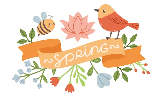 Spring label with season quotes, bird, ribbon. Hand drawn spring vector illustration.