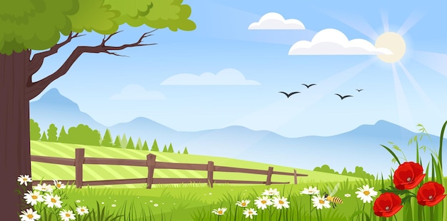 Spring landscape concept Beautiful natural panorama with fence and tree Spring and summer day scene Lawn with red and white flowers Poster or banner Cartoon flat vector illustration