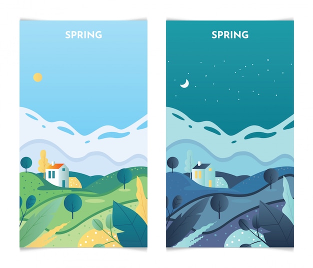 Spring Landscape at day and night. Spring Season banners set template  illustration