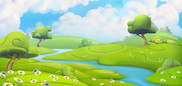 Spring landscape. Green meadow with daisies vector illustration