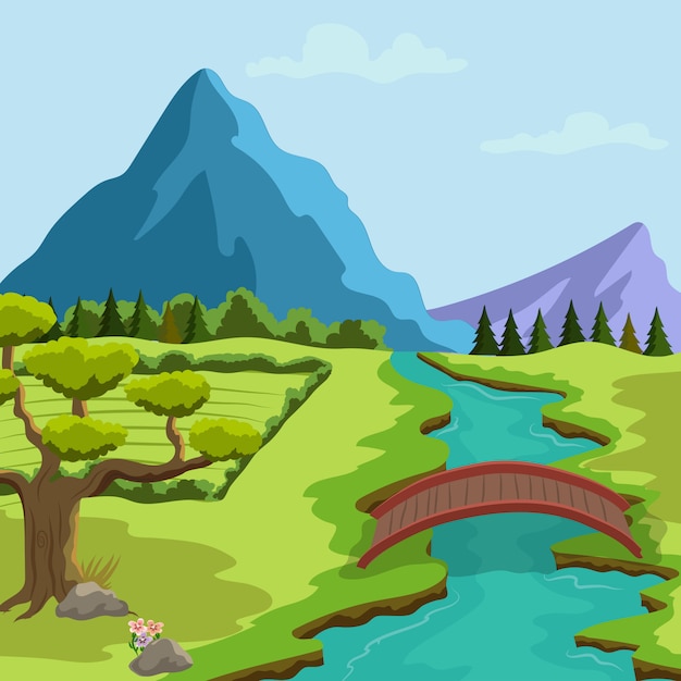 Spring landscape illustration with a river and mountains and vegetation 