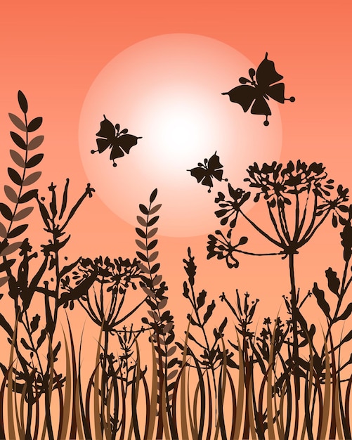 Spring landscape, meadow grasses, flowers, butterflies at evening sunset. Illustration, poster