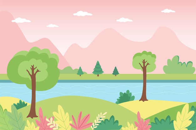 Spring landscape of mountainous terrain trees and birds Cute vector illustration in flat style