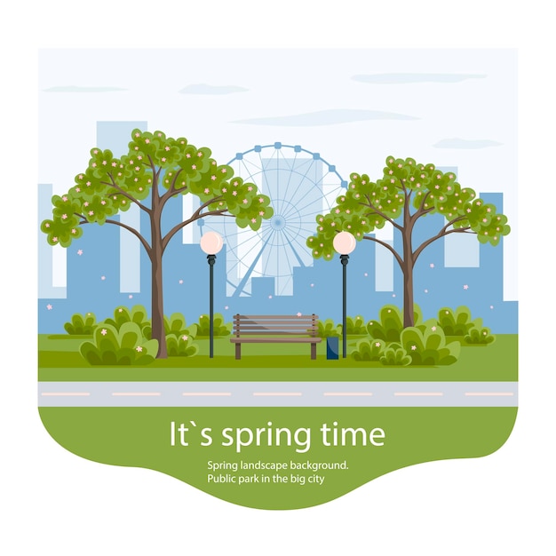 Spring landscape with tree, bench and city. Vector illustration in flat