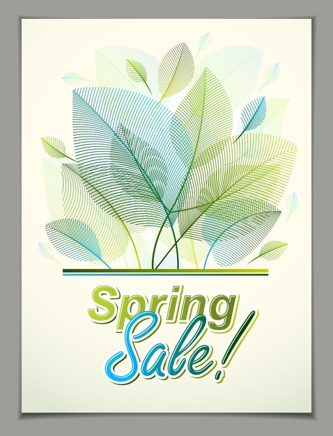 Spring leaves vertical background, nature seasonal template for design banner, ticket, leaflet, card, poster with green and fresh floral elements. Sale, advertising poster, brochure or flyer design.