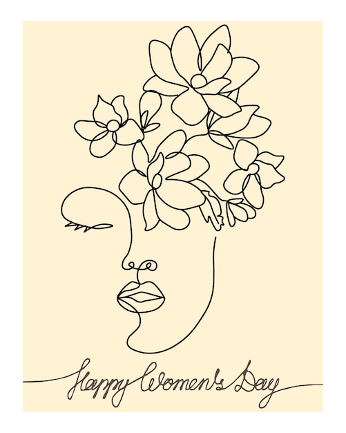 Spring line art girls face in flowers on a pink background and lettering Design for March 8