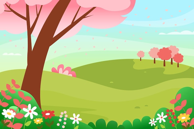 Spring morning landscape in bloom Colorful vector illustration