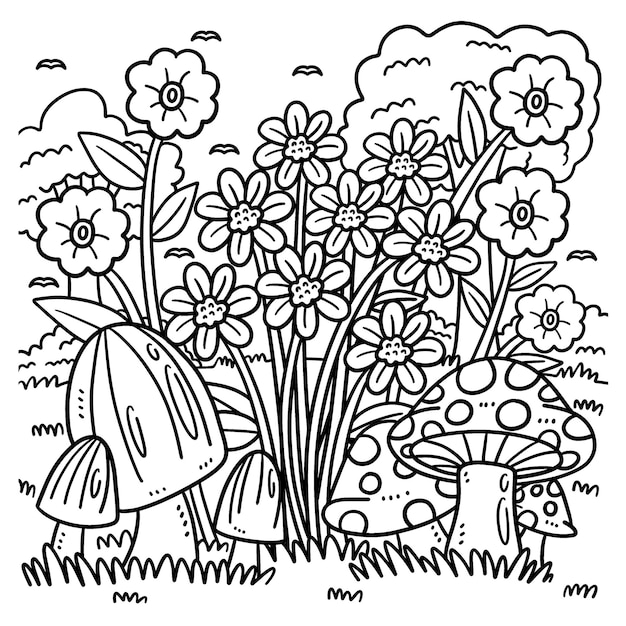 Spring Mushrooms and Flowers Coloring Page