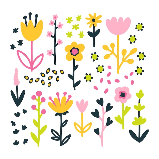 Spring nursery collection flowers Simple handdrawn style Pretty ditsy Scandinavian background