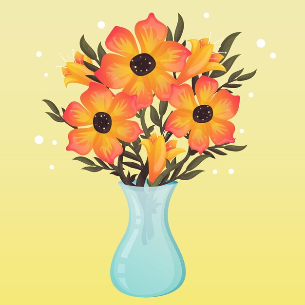 Vector spring orange bright gradient flowers with leaves in a vase spring cute card with flowers