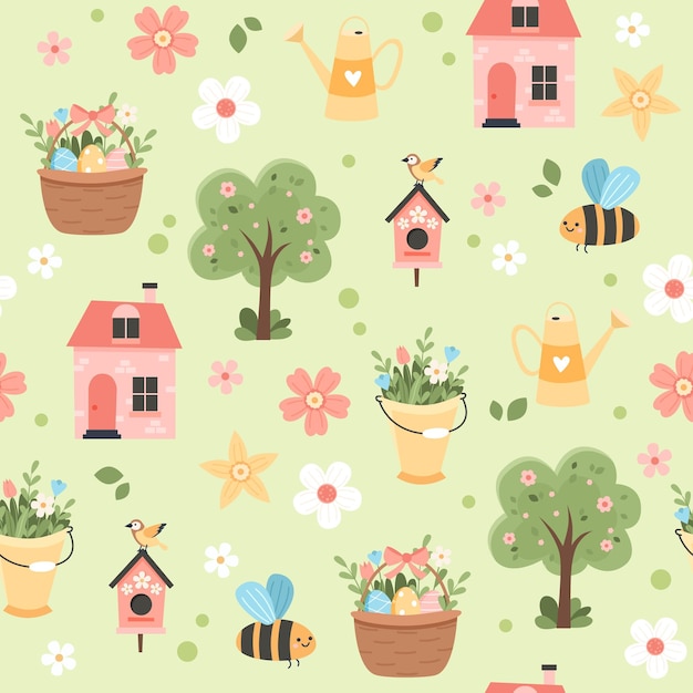 Spring pattern with cute elements cherry blossom easter egg basket house bees and flowers