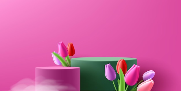 Spring podium mockup surrounded by tulip flowers Mothers Day product placement scene in bright pink colours