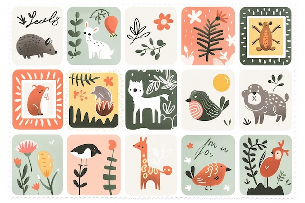 Vector spring post stamps with animals flowers