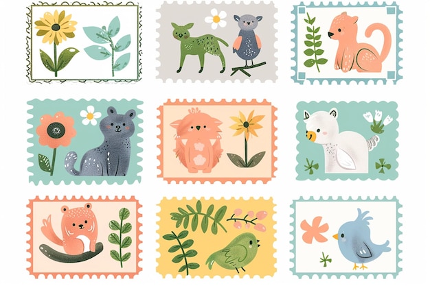 Vector spring post stamps with animals flowers