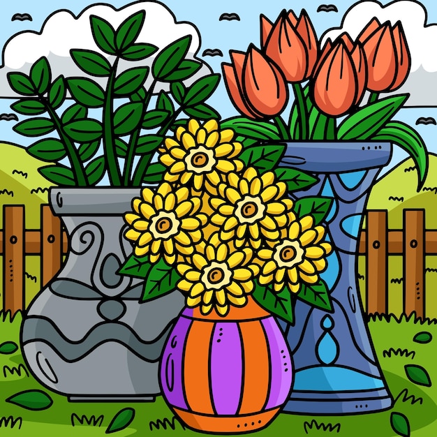 Spring Potted Plants Colored Cartoon Illustration