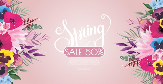 Spring sale background with flowers Banner perfect for promotions magazines advertising web sites Vector illustration