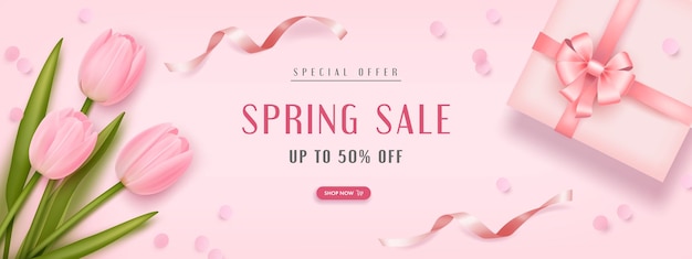 Spring sale background with realistic tulips and gift box