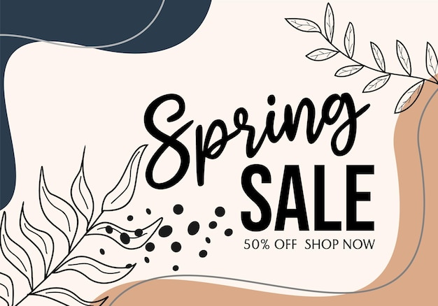 spring sale banner. pastel brown color natural theme design. abstract background with hand drawn