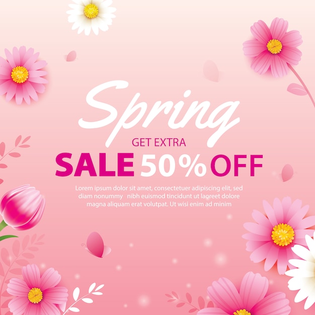 Spring sale banner with blooming flowers background template