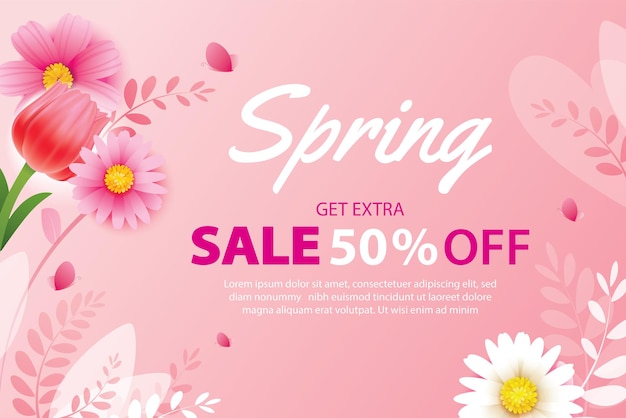 Spring sale banner with blooming flowers