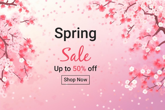 Spring sale banner with cherry blossom background