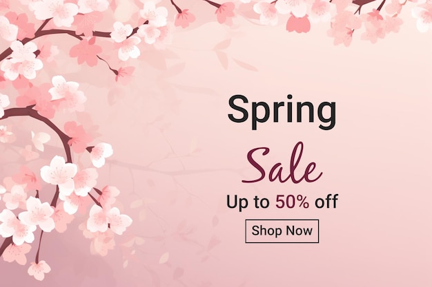 Spring sale banner with cherry blossom background