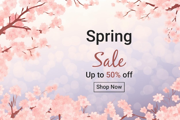 Spring sale banner with cherry blossom background