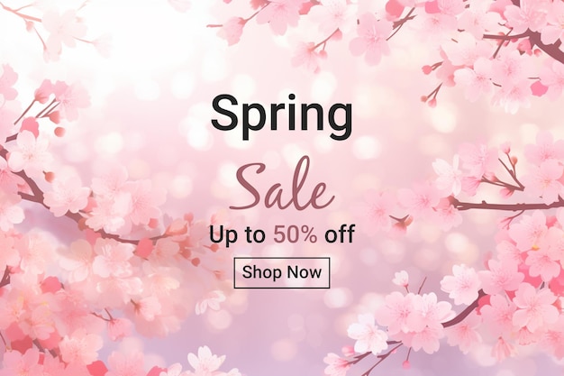 Spring sale banner with cherry blossom background