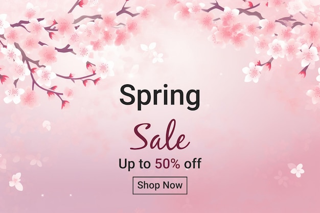 Spring sale banner with cherry blossom background