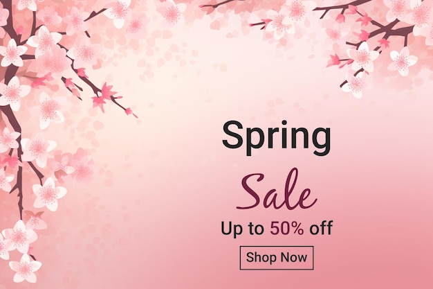 Spring sale banner with cherry blossom background