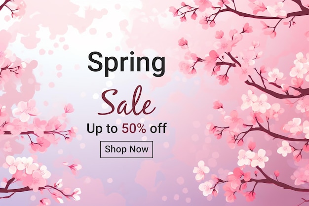 Spring sale banner with cherry blossom background