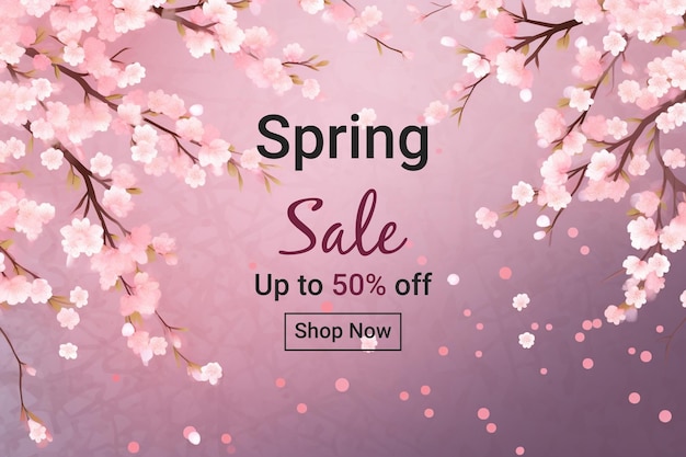 Spring sale banner with cherry blossom background