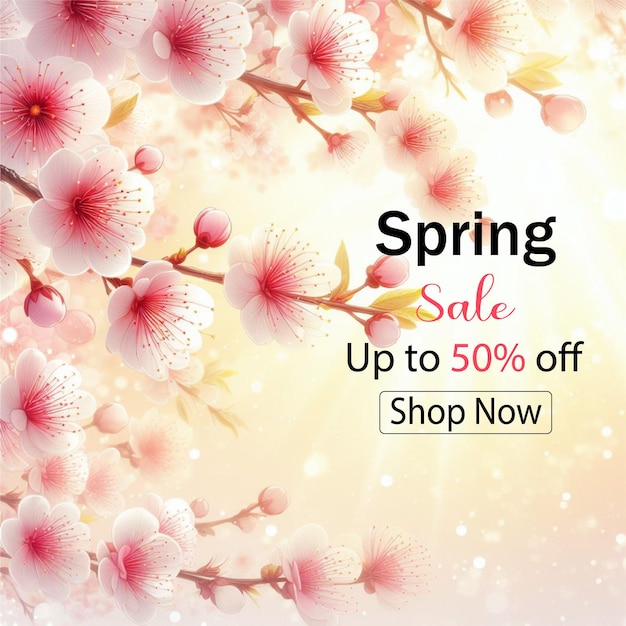 Spring sale banner with cherry blossom background