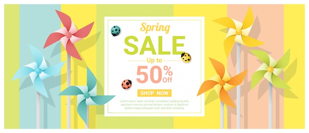 Spring sale banner with colorful pinwheels