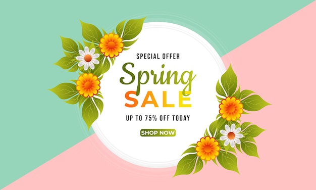 Spring sale card design with colorful flowers and leaves for social media post ad