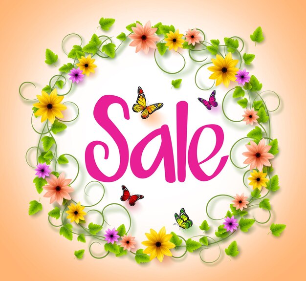 Vector spring sale in a circle wreath of colorful flowers, vines and leaves with flying butterflies.