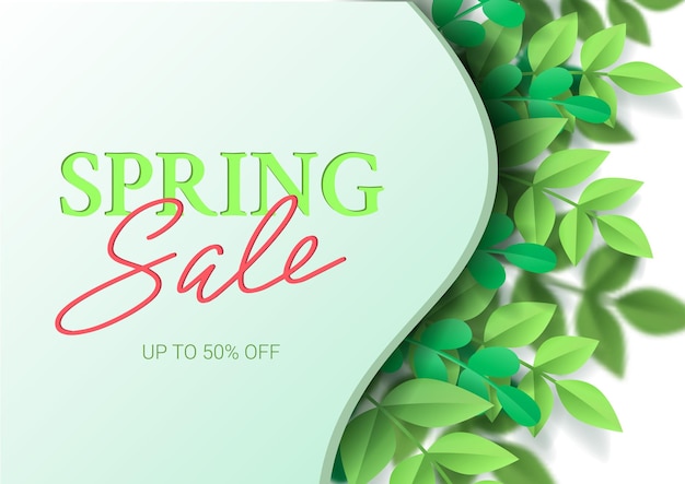 Spring sale floral advertizing poster, board. Banner with realistic flowers, leaf.