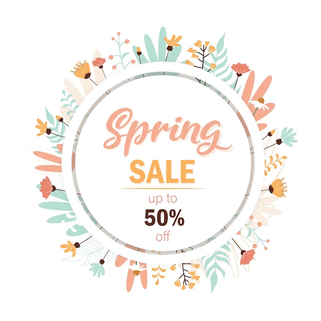 Spring sale lettering Banner summer flowers and plants leaves Flower illustration Pink and blue flowers green leaves pink inscription Up to 50 off