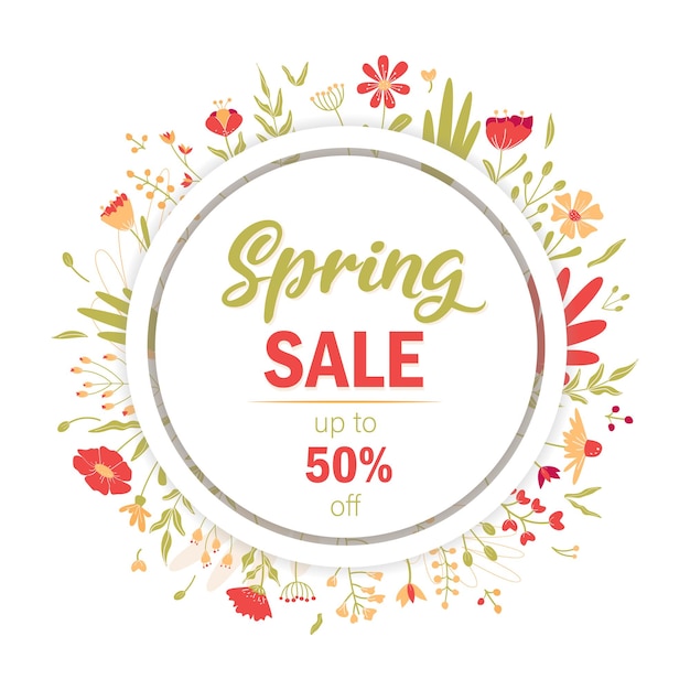 Spring sale lettering Banner summer flowers and plants leaves Flower illustration Red and green flowers green leaves red inscription Up to 50 off