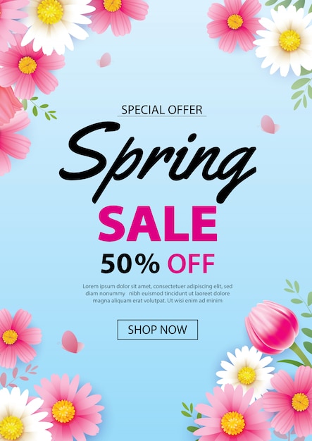 Spring sale poster banner with blooming flowers background