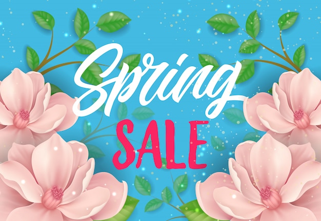 Spring sale poster design with blooming cherry tree twigs on blue background