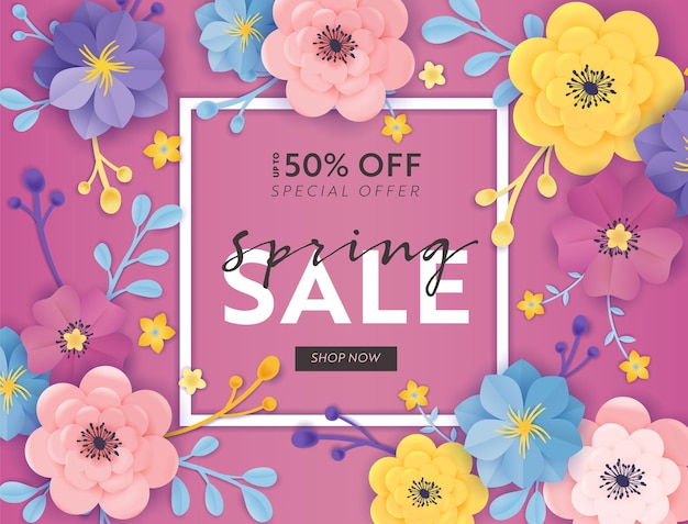 Spring Sale Special Offer Banner with Paper Cut Flowers. Floral Design Seasonal Promotion Discount Flyer, Brochure, Shopping Voucher. Vector illustration