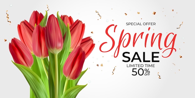 Spring Sale Template banner with realistic Tulip Flower.