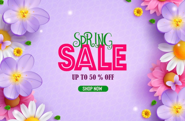 Spring sale text vector banner design. Spring promo discount offer with fresh blooming flower