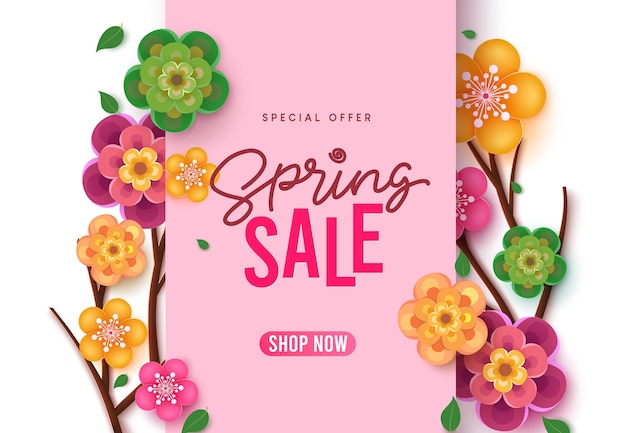 Spring sale vector banner design. Spring sale text with beautiful flower elements decoration.